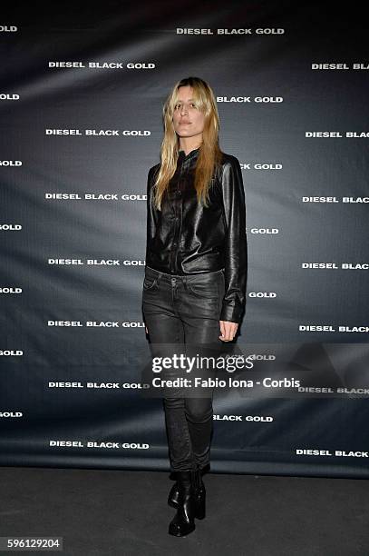 Singer Ioanna Gika poses backstage at the Diesel Black Gold fashion show during Mercedes-Benz Fashion Week Spring 2014 at Vanderbilt Hall at Grand...