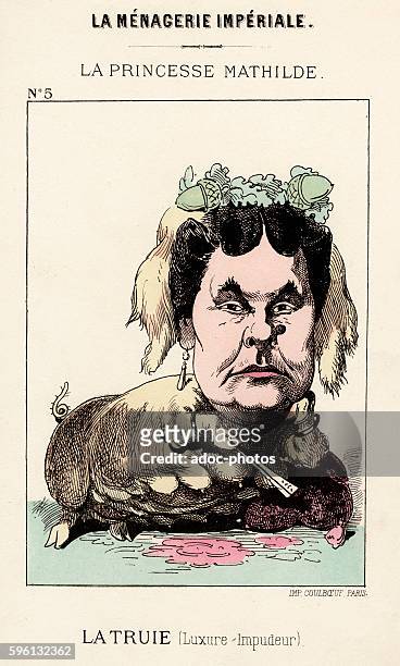 Caricature showing the princess Mathilde Bonaparte depicted as a pig. Published in "La Ménagerie Impériale" by Paul Hadol in 1870. Lithography in...