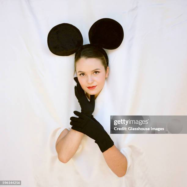 teenage girl wearing mouse ears and long black gloves - costume mouse ears stock pictures, royalty-free photos & images