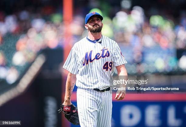 Jonathon Niese of the New York Mets looks on during the game against the Arizona Diamondbacks at Citi Field on August 11, 2016 in the Queens borough...