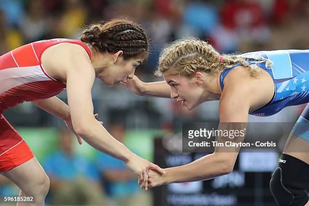 Day 13 Helen Louise Maroulis of the United States in action during her victory in the Gold Medal match against Saori Yoshida of Japan in the Women's...