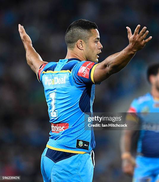 Jarryd Hayne of the Titans gestures during the round 25 NRL match between the Gold Coast Titans and the Penrith Panthers at Cbus Super Stadium on...