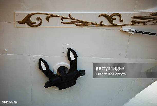 Detail of the hull and anchor on the Polish ship Dar Mlodziezy during the North Sea Tall Ships Regatta on August 27, 2016 in Blyth, England. The...
