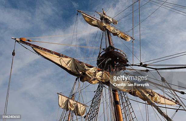 Masts and rigging are seen against the first light of dawn as ships are moored in the harbour during the North Sea Tall Ships Regatta on August 27,...