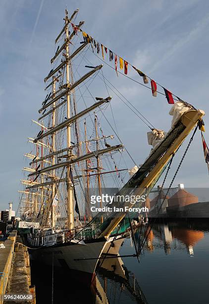 The Polish ship Fryderyk Chopin is moored alongside the quay during the North Sea Tall Ships Regatta on August 27, 2016 in Blyth, England. The...