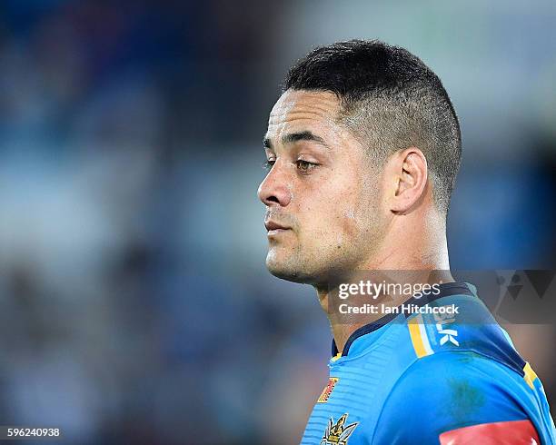 Jarryd Hayne of the Titans looks dejected after losing the round 25 NRL match between the Gold Coast Titans and the Penrith Panthers at Cbus Super...