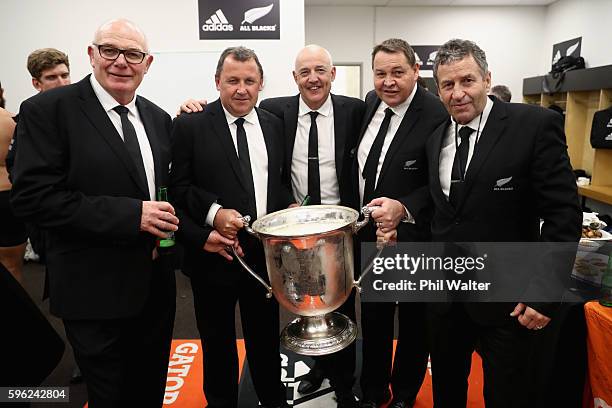 All Black coaching staff Mike Cron, Ian Foster, Gilbert Enoka, Steve Hansen and Wayne Smith with the Bledisloe Cup following the Bledisloe Cup Rugby...