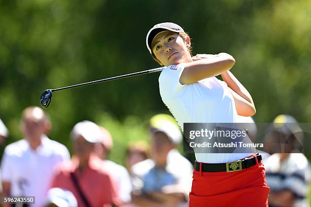 Ayaka Watanabe of Japan hits her tee shot on the 2nd hole during the third round of the Nitori Ladies 2016 at the Otaru Country Club on August 27,...