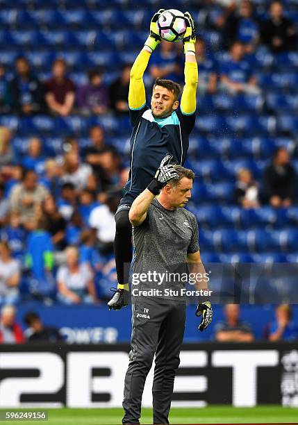 Lukasz Fabianski of Swansea City warms up prior to kick off during the Premier League match between Leicester City and Swansea City at The King Power...