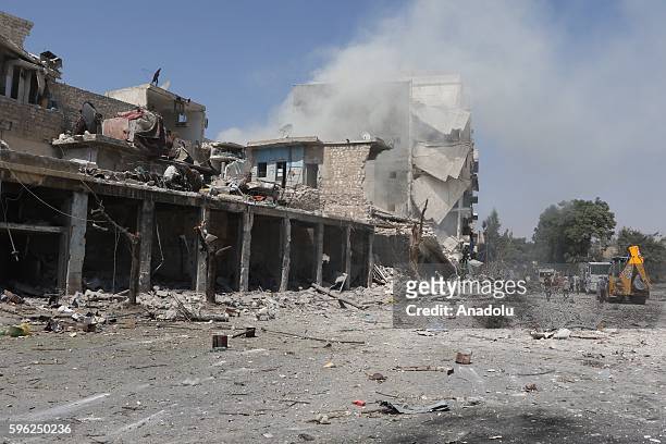 View of collapsed buildings after the airstrike belonging to Syrian army targeted at opposition controlled in Bab al-Nairab district in Aleppo, Syria...