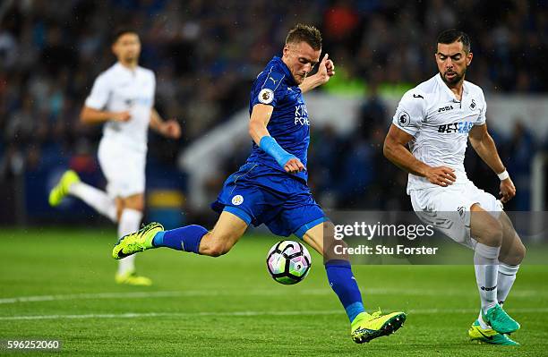 Jamie Vardy of Leicester City scores his sides first goal during the Premier League match between Leicester City and Swansea City at The King Power...