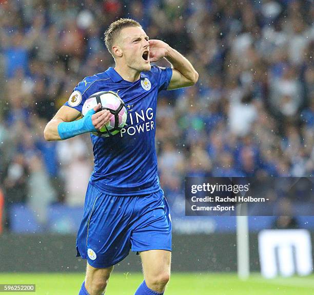 Leicester City's Jamie Vardy celebrates scoring the opening goal of the match and taunts the Swansea City fans during the Premier League match...