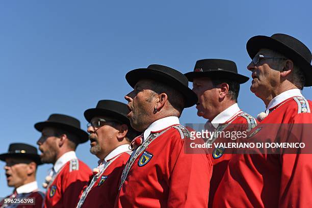 Yodel group sings during the first day of the Federal Alpine Wrestling Festival on August 27, 2016 in Payerne, western Switzerland. The Federal...
