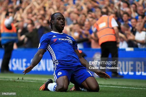 Victor Moses of Chelsea celebrates scoring his sides third goal during the Premier League match between Chelsea and Burnley at Stamford Bridge on...