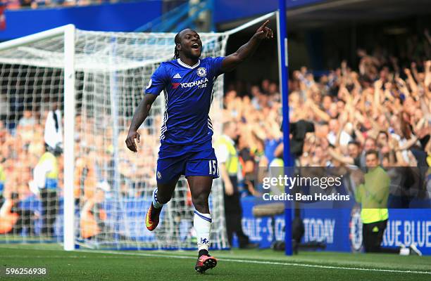 Victor Moses of Chelsea celebrates scoring his sides third goal during the Premier League match between Chelsea and Burnley at Stamford Bridge on...
