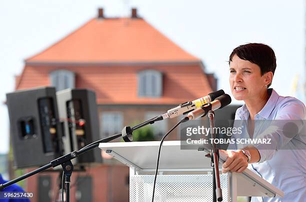 Alternative for Germany party chairwoman Frauke Petry gives a speech during an election campaign event in Wismar, northeastern Germany, on August 27,...