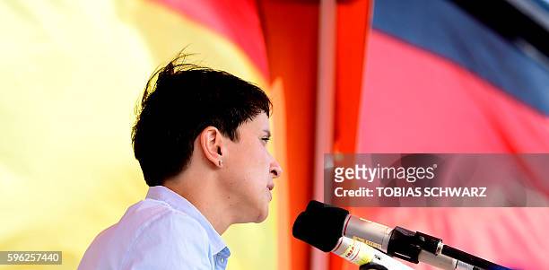 Alternative for Germany party chairwoman Frauke Petry gives a speech during an election campaign event in Wismar, northeastern Germany, on August 27,...