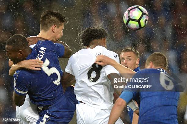 Leicester City's English striker Jamie Vardy watches the ball from a corner during the English Premier League football match between Leicester City...