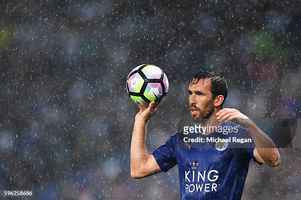 Christian Fuchs of Leicester City prepares for a throw in during the Premier League match between Leicester City and Swansea City at The King Power...