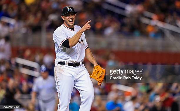 Jose Fernandez of the Miami Marlins reacts during the game against the Kansas City Royals at Marlins Park on August 24, 2016 in Miami, Florida.