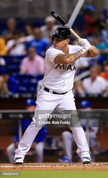 Oswaldo Arcia of the Miami Marlins at bat during the game against the Kansas City Royals at Marlins Park on August 24, 2016 in Miami, Florida.