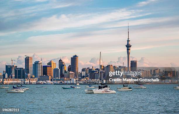 auckland evening skyline - auckland skyline stockfoto's en -beelden