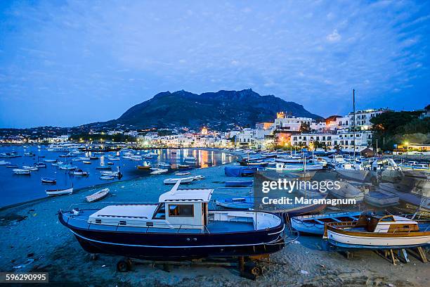 view of the village and boats from the port - ilha de ischia imagens e fotografias de stock