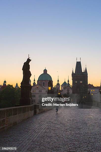 charles bridge with lit lampposts - karluv most fotografías e imágenes de stock