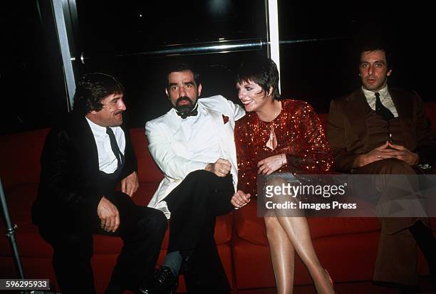 Liza Minnelli with Robert De Niro, Martin Scorsese and Al Pacino circa 1981 in New York City.