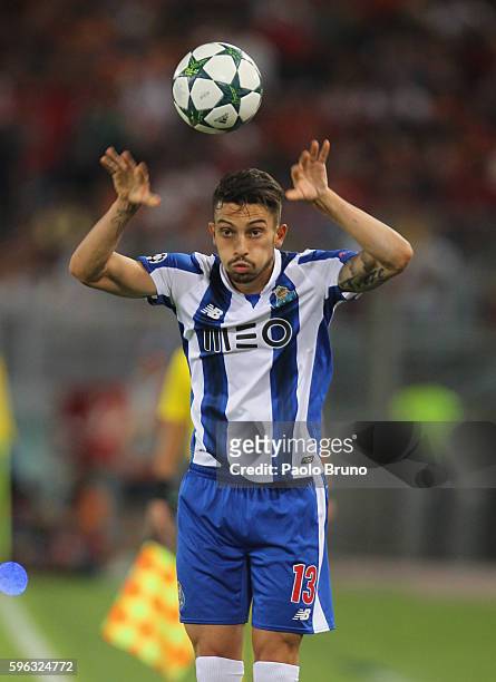 Alex Telles of FC Porto in action during the UEFA Champions League qualifying playoff round second leg match between AS Roma and FC Porto at Stadio...