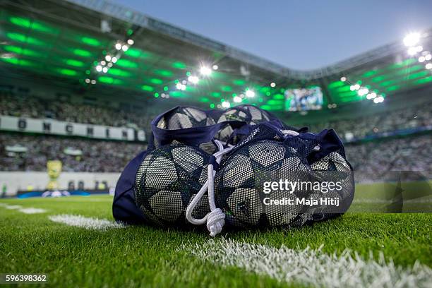 Balls are seen in the pitch prior the UEFA Champions League Qualifying Play-Offs Round: Second Leg between Borussia Moenchengladbach and YB Bern at...