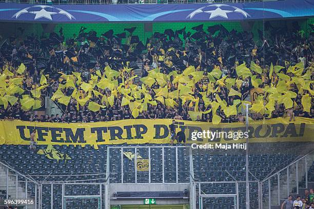 Fans of YB Bern prior the UEFA Champions League Qualifying Play-Offs Round: Second Leg between Borussia Moenchengladbach and YB Bern at Borussia-Park...