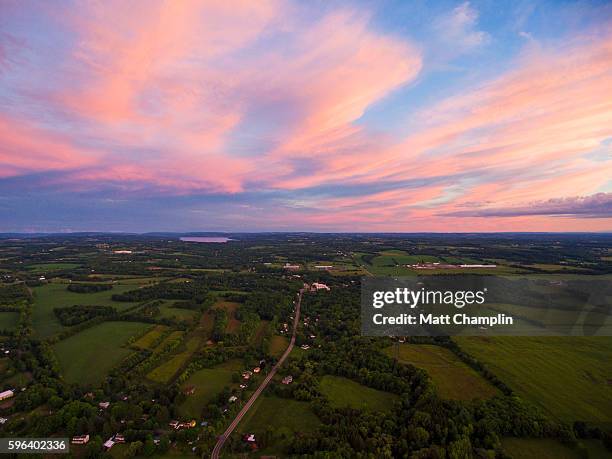 aerial of rural farmlands during summer sunset - syracuse new york stock pictures, royalty-free photos & images