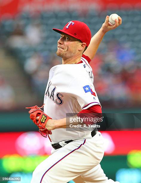 Lucas Harrell of the Texas Rangers throws in the second inning against the Oakland Athletics at Globe Life Park in Arlington on August 16, 2016 in...