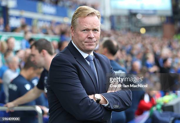 Everton manager Ronald Koeman looks on during the Premier League match between Everton and Stoke City at Goodison Park on August 27, 2016 in...
