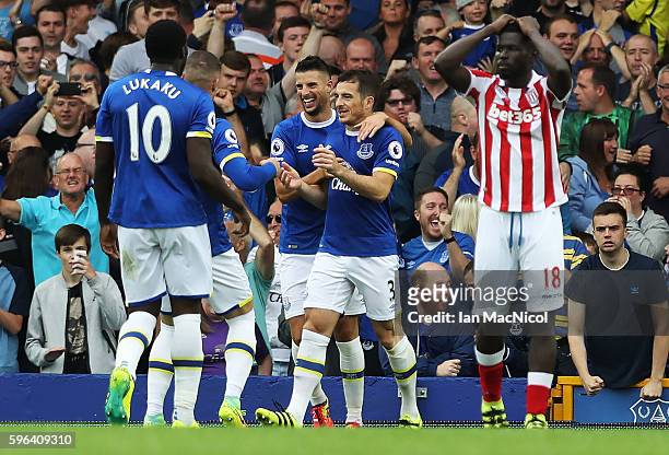 Leighton Baines of Everton celebrates scoring a penalty during the Premier League match between Everton and Stoke City at Goodison Park on August 27,...