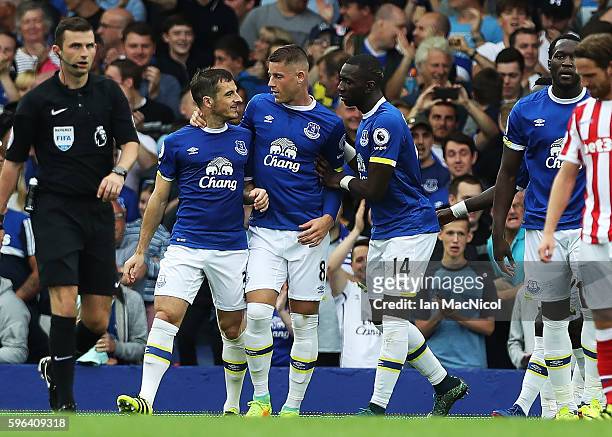 Leighton Baines of Everton celebrates scoring a penalty during the Premier League match between Everton and Stoke City at Goodison Park on August 27,...