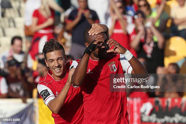Braga's forward Wilson Eduardo from Portugal celebrates scoring Braga«s second goal with Braga's midfielder Pedro Santos from Portugal during the...