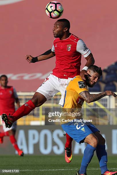 Braga's forward Wilson Eduardo from Portugal higher that Estoril's defender Lucas Farias from Brazil heads the ball during the match between Estoril...