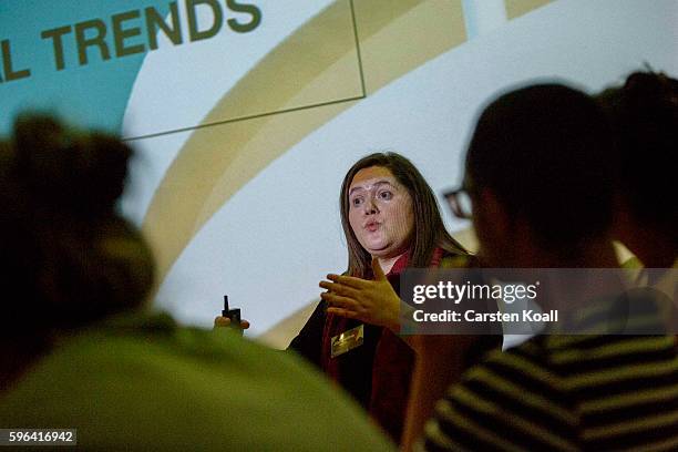 Jacqueline Bourke of Getty Images speaks during the EyeEm photofestival at Heimathafen Neukoelln on August 27, 2016 in Berlin, Germany.