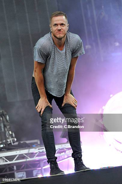 Dan Reynolds of Imagine Dragons performs on stage during Day 2 of the Reading Festival at Richfield Avenue on August 27, 2016 in Reading, England.