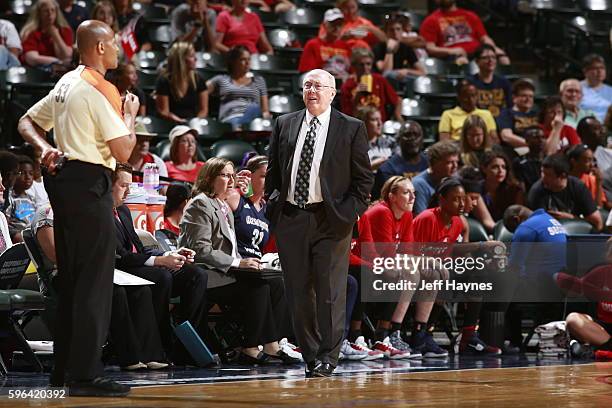 Head Coach Mike Thibault of the Washington Mystics looks on against the Indiana Fever on August 27, 2016 at Bankers Life Fieldhouse in Indianapolis,...