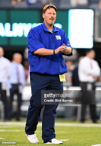 Head coach Ben McAdoo of the New York Giants looks on prior to a preseason game against the New York Jets at MetLife Stadium on August 27, 2016 in...