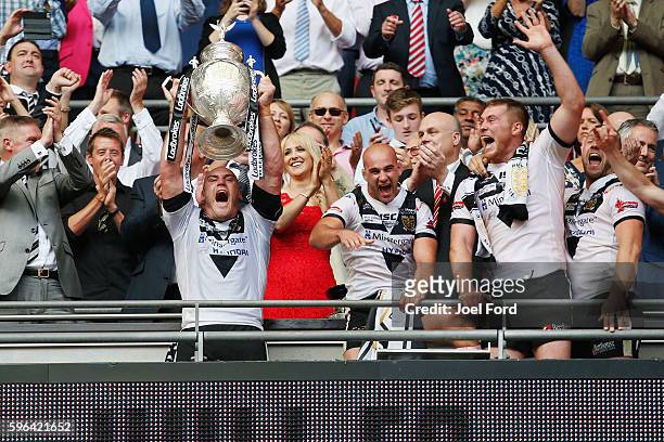 Hull FC captain Gareth Ellis holds aloft the Challenge Cup after winning the Ladbrokes Challenge Cup Final between Hull FC and Warrington Wolves at...