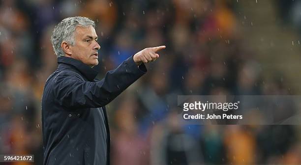 Manager Jose Mourinho of Manchester United watches from the touchline during the Premier League match between Manchester United and Hull City at KC...