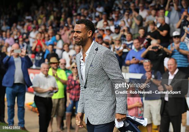 New Southend United signing Anton Ferdinand is introduced to the fans during the Sky Bet League One match between Southend United and Fleetwood Town...