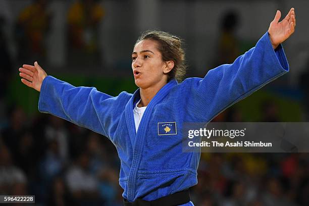 Majlinda Kelmendi of Kosovo celebrates winning the gold medal in the Women's -52kg Judo on Day 2 of the Rio 2016 Olympic Games at Carioca Arena 2 on...