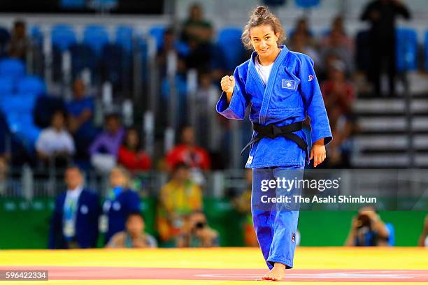 Majlinda Kelmendi of Kosovo celebrates winning the gold medal in the Women's -52kg Judo on Day 2 of the Rio 2016 Olympic Games at Carioca Arena 2 on...