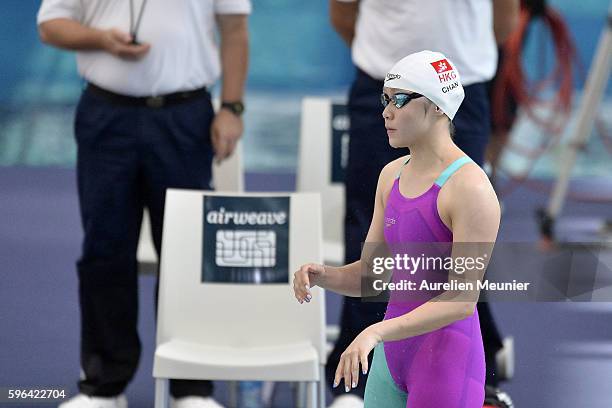 Kin Lok Chan of Hong-Kong prepares to compete in the 100m Women's Individual Medley Finals on day two of the FINA Swimming World Cup 2016 on August...