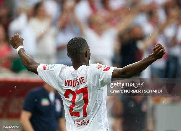 Cologne's French forward Anthony Modeste celebrates after scoring 1-0 during the German first division Bundesliga football match of FC Cologne vs SV...